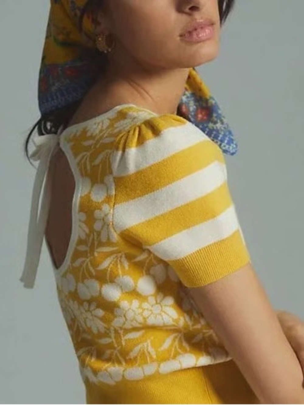 Anthropologie Maeve Trixie Tie Sweater Tee Floral Yellow